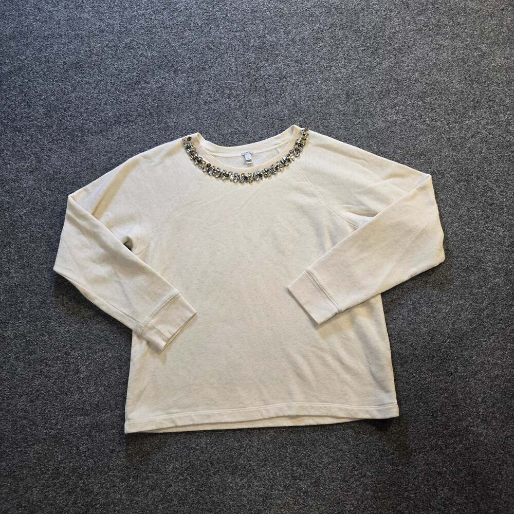 J Crew Sweatshirt Womens Size XL Off White Beaded Rhinstone Crew Neck Capsule